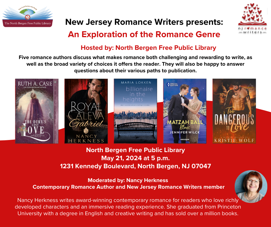 NJRW presents An Exploration of the Romance Genre at the North Bergen Free Public Library on May 21, 2024, at 5 p.m. 1231 Kennedy Boulevard, North Bergen, NJ 07047